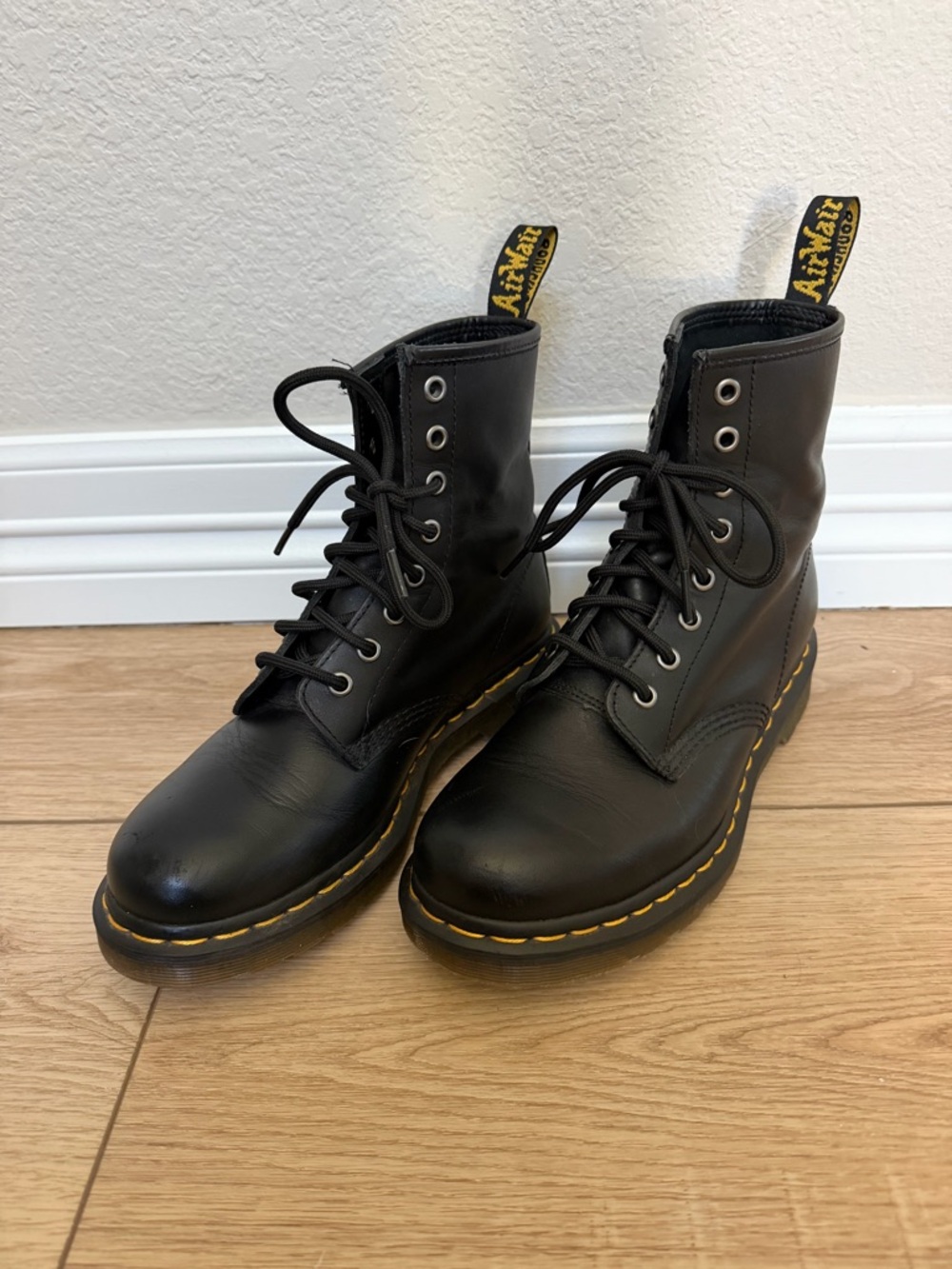 Dr. Martens Black Leather 8-Eye Lace-Up Boots with Yellow Stitching